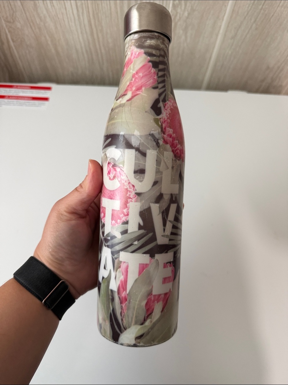 Insulated Floral Water Bottle - Pink/Green